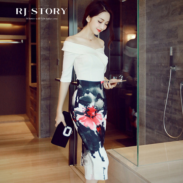 热嘉2015秋装新款韩版性感一字领上衣复古印花套装裙两件套连衣裙