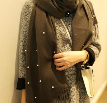韩国进口代购秋冬新款羊毛围脖纯色流苏黑色珍珠羊绒围巾披肩女士