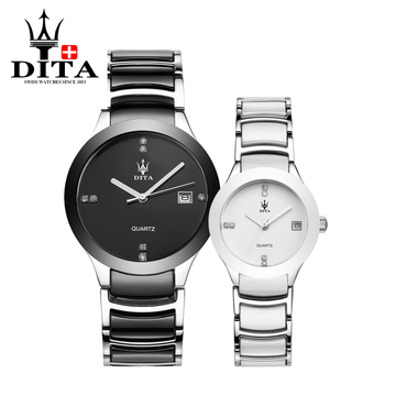 正品迪塔手表时尚陶瓷精钢防水男女表白色女士腕表情侣手表