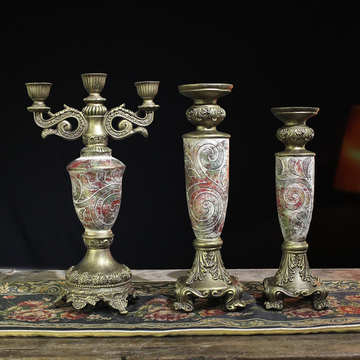 欧式三头烛台 复古奢华家居装饰品摆件做旧工艺品蜡烛台餐桌摆设