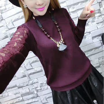 韩版新款套头上衣女 半高领半通花袖休闲短款针织毛衣女 配项链