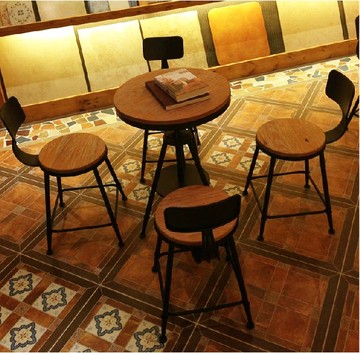 美式复古现货铁艺咖啡桌椅可升降茶几休闲实木圆桌子奶茶桌椅