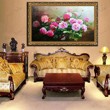 高档牡丹花手绘油画古典有框画客厅花开富贵欧式横幅客厅装饰画
