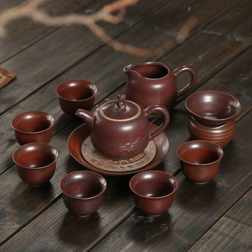 陶器 古陶窑变釉铁红 陶瓷茶具套装 谱洱 仿古 粗陶土茶具汝窑
