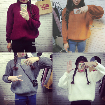 2015秋季新品韩版女装棒针宽松长袖套头多色针织衫女学生毛衣外套