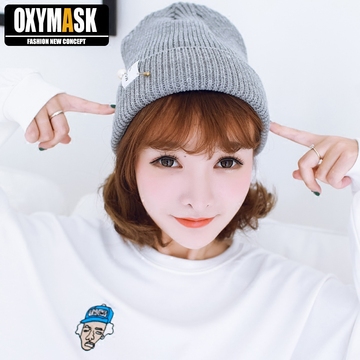 Oxymask 韩版春秋加厚保暖贴布标针织毛线帽子潮男女士冬季套头帽