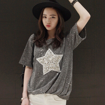 现货韩国代购2015夏Niponjjuya正品星光闪闪银色亮片短袖T恤女潮