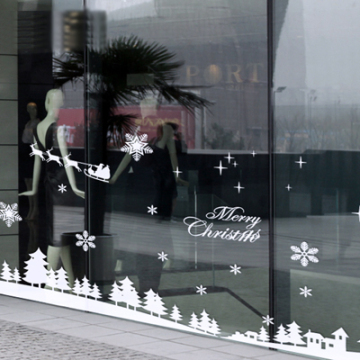 冬天快乐 可移胶玻璃橱窗贴纸 圣诞节店面装饰圣诞树老人雪花贴