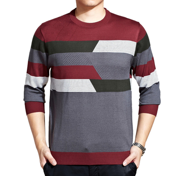 2015秋季新款 中青年男士条纹时尚长袖针织衫 圆领透气优质男T恤