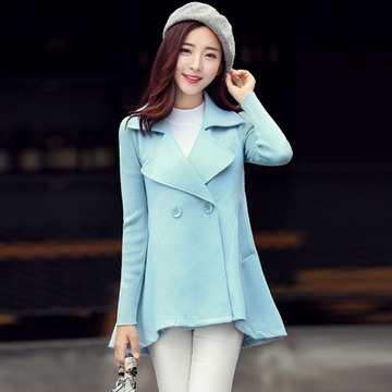 2015秋季新款韩版女装修身百搭甜美气质中长款糖果色大衣毛呢外套