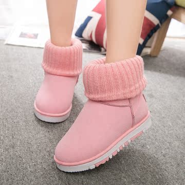 冬季韩版圆头棉鞋时尚毛线口雪地靴女平底短靴学生短筒加厚棉靴子