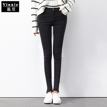 Vinnie2016春季新款修身牛仔长裤毛边裤脚韩版牛仔小脚铅笔长女裤