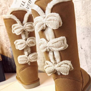 2016冬季新款韩版甜美真皮蝴蝶结厚底中筒雪地靴保暖平跟高靴棉靴
