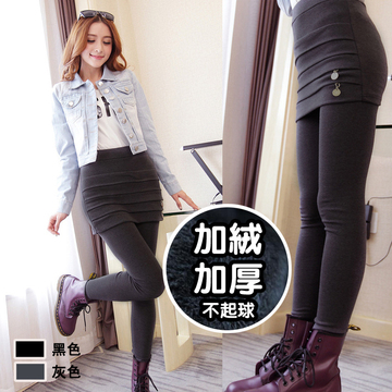 少女装韩国时尚打底裤冬季新款假两件加绒加厚圈圈显瘦包臀裙裤女