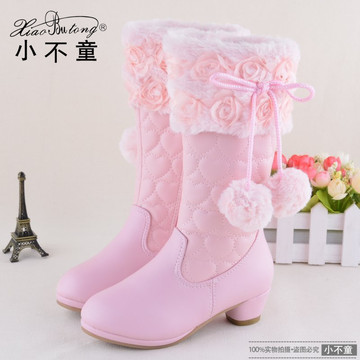 女童靴子 2015韩版高跟靴儿童棉靴蕾丝印花公主靴粉色小女孩单靴