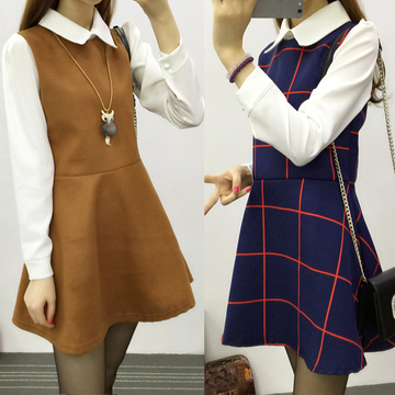 2015秋冬新款韩版学生少女装格子娃娃领假两件毛呢长袖连衣裙中裙
