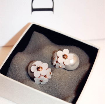 时尚双色韩版欧美流行花朵珍珠双面佩戴两用耳钉耳环女阿吉豆饰品