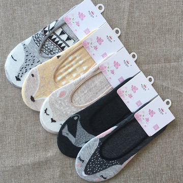 5双装 夏季纯棉短袜韩国卡通豆豆鞋袜子女超隐形薄款硅胶防滑船袜