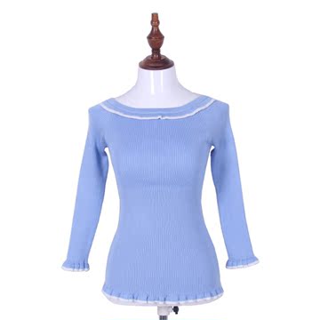 2015韩版新款潮流套头喇叭袖女士针织衫修身显瘦木耳边圆领女毛衣