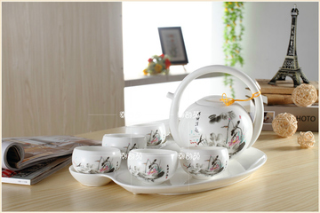 特价精美高档时尚带盘冷水壶骨瓷龙头圆壶茶具套装 8件套奇型茶具