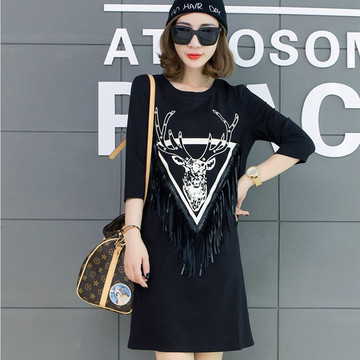 2015秋装新款韩版女装卡通印花流苏七分袖T恤女中长款显瘦连衣裙