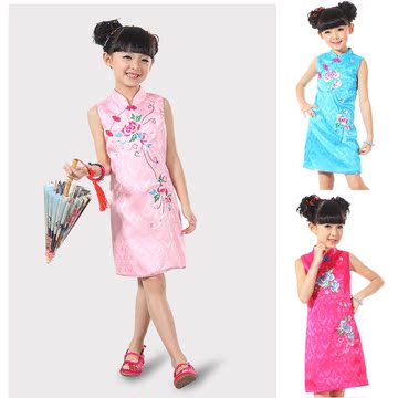 夏季儿童旗袍裙无袖中长款公主裙女童立领连衣裙中国风古筝演出服
