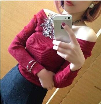 2015秋冬新款韩版一字领针织打底衫 女修身露肩毛衣螺纹长袖上衣