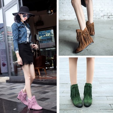 冬季新款韩版休闲时尚真皮流苏靴女靴子复古百搭内增高平跟短靴潮