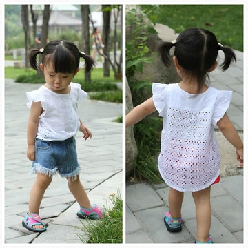 2016夏上新  韩国白色背后镂空纯棉公主女童圆领衬衣无袖飞袖上衣