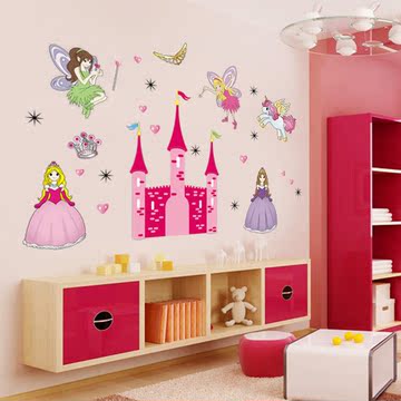 卡通墙贴纸儿童房小女孩卧室床头装饰背景贴画 童话公主粉色城堡