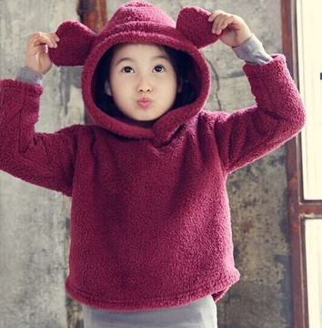 童装卫衣上衣女宝宝童小童婴儿羊羔绒小熊连帽毛毛衣韩版罩衣潮