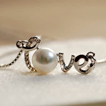Catring S925纯银锁骨项链女短款天然淡水珍珠镶嵌锆石 LOVE故事