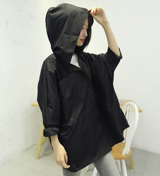 2015秋韩版BF宽松大版中长款风衣外套简约连帽蝙蝠袖衬衫衬衣包邮