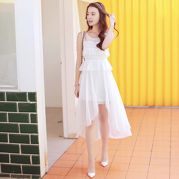 2015夏季新款女装韩版雪纺不规则荷叶边连衣裙无袖圆领长裙子