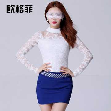 欧格菲2015秋装新品韩版修身显瘦长袖蕾丝上衣立领拼接蕾丝打底衫