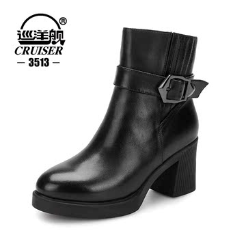 Cruiser/巡洋舰3515冬季女鞋 加棉真皮女毛靴时尚中跟粗跟女皮靴