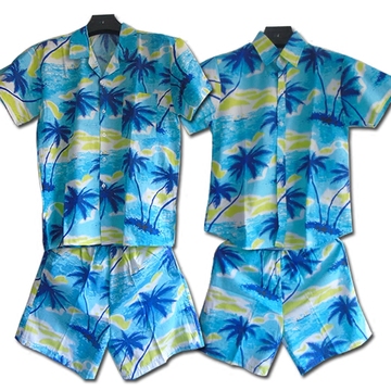 海南岛服沙滩服衬衫男夏威夷印花情侣衬衣三亚海滩旅游大码套装女