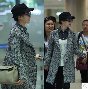 2015秋冬新款刘亦菲机场同款灰色中长款女装韩版毛呢外套羊毛大衣