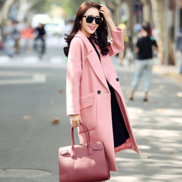 韩版新款粉色毛呢外套女潮2015新款韩国气质时尚中长款羊毛呢大衣