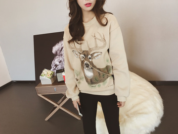 2015冬季女装新款韩版学院风加绒加厚小鹿印花圆领套头卫衣
