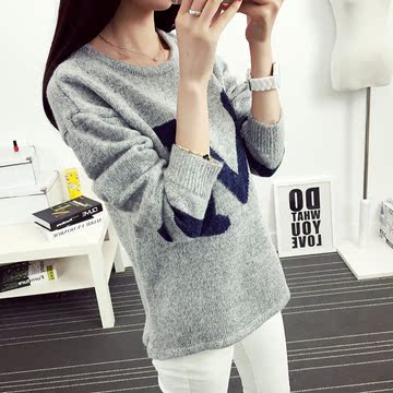 2015秋冬新款短款修身外套羊毛衫 女士 显瘦套头韩版学生字母上衣