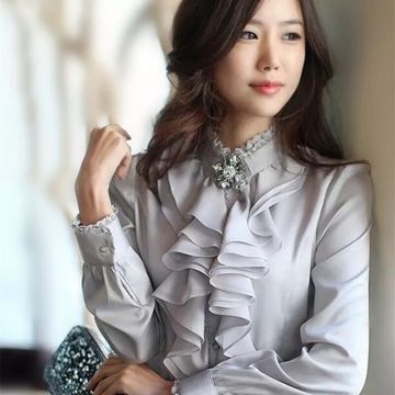 职业衬衫女长袖春装新款女装2016韩版立领衬衣荷叶边大码女装上衣