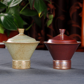 粗陶窑变日式三才盖碗功夫茶具手工陶瓷大号泡茶碗红茶普洱沏茶器