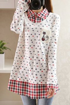 日系森系春季新款女装猫咪小鱼刺绣格子翻领假两件衬衫学生装T恤