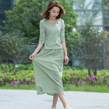 2015韩版亚麻两件套裙中长款文艺复古薄款修身长裙夏季棉麻连衣裙