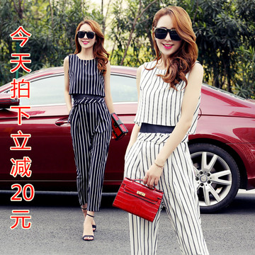 包邮2015夏季新款韩版女装时尚休闲条纹连衣裤女式连体裤两件套潮