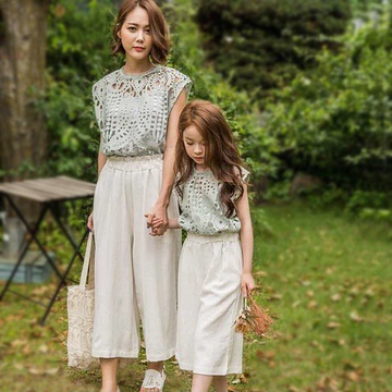 韩版女童套装时尚气质亲子母女套装阔腿裤儿童三件套小中大童套装