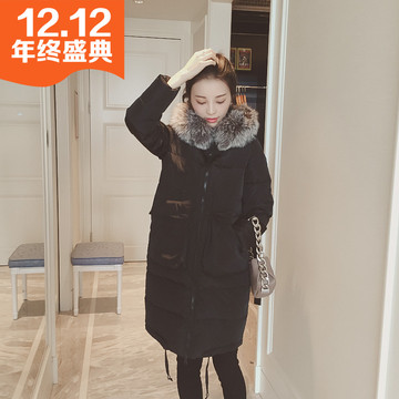 2015韩国冬装新款中长款大口袋连帽毛领加厚保暖纯色显瘦羽绒服女
