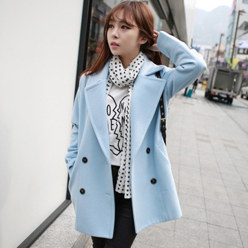 2015冬季新款女装韩版中长款双排扣呢子大衣大毛领毛呢外套
