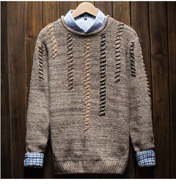 新款针织衫 2016秋 圆领套头日系男式毛衣手工穿线羊毛衫